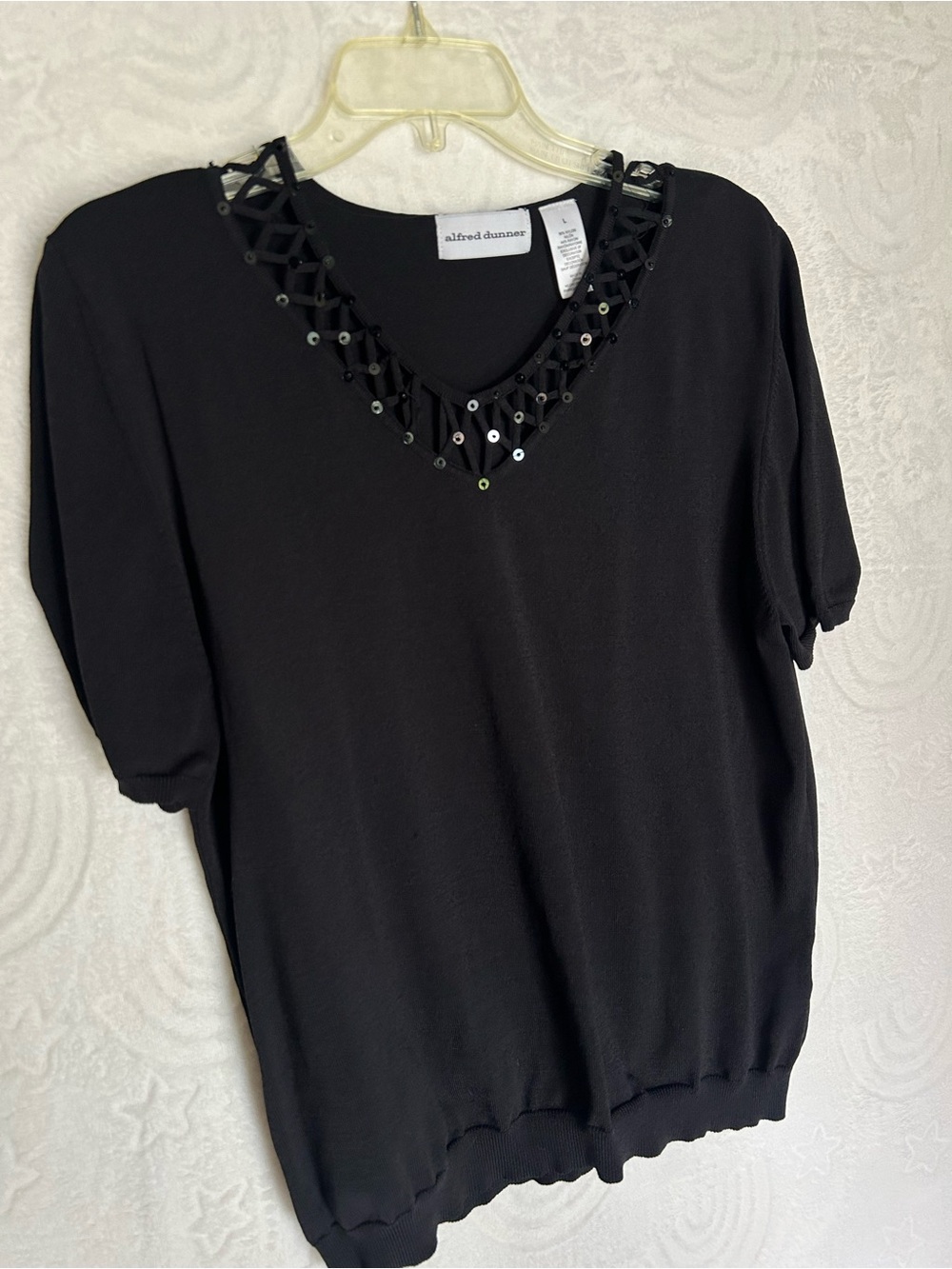 Vintage Alfred Dunner Black Short-Sleeve V-Neck Top with Beaded Trim